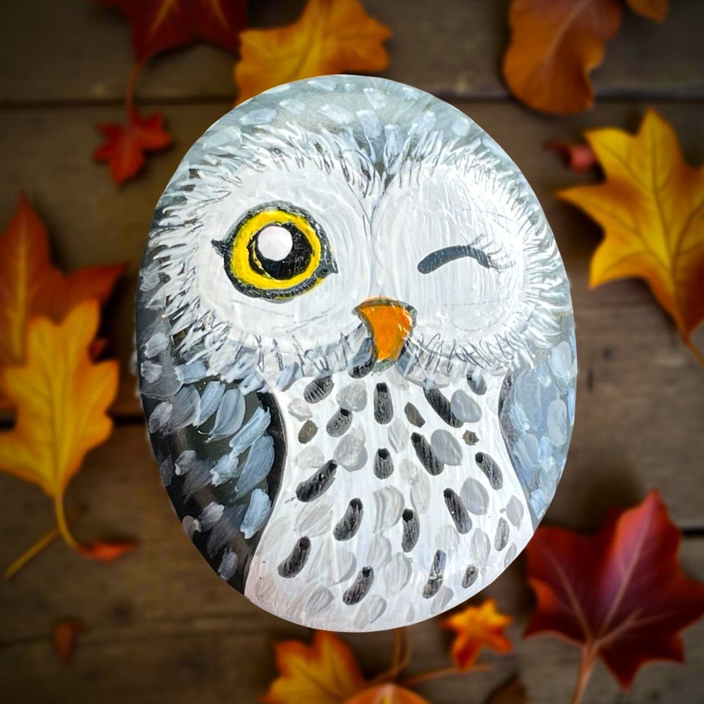 Hand crafted painted owl rock winking gray black yellow white natural stone